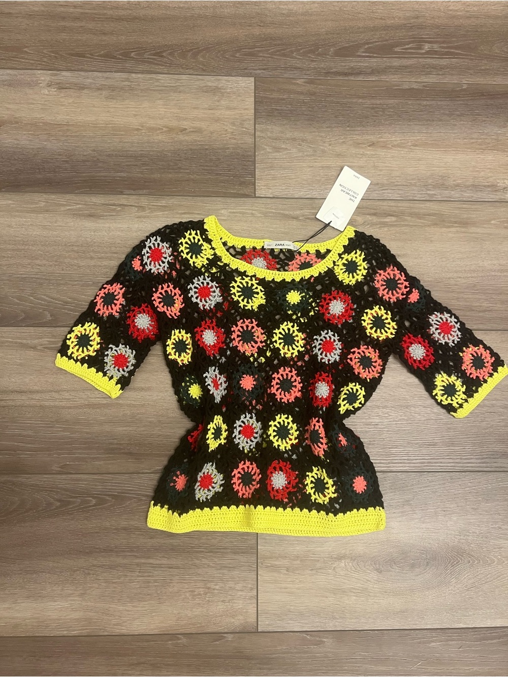 Zara Black Crochet Short-Sleeve Top with Yellow Trim